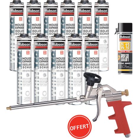 Rubson – Pack de 11 mousses expansives pistolables 750ml – Nettoyant mousse PU 500ml – Pistolet manuel pour application précise