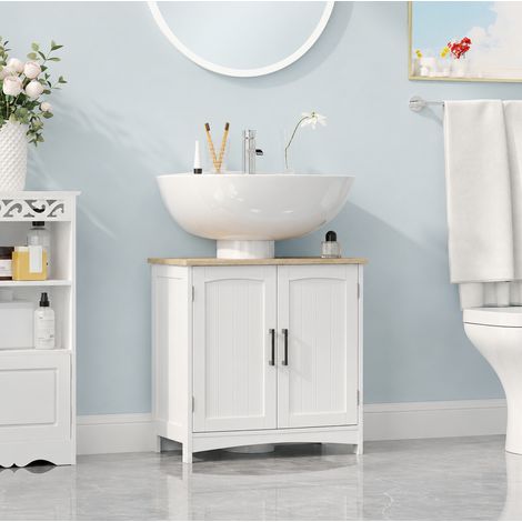 Meuble salle de bain sous lavabo à double portes avec étagères réglables, blanc et bois naturel (1/5)