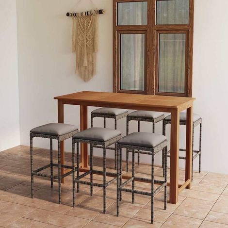 Ensemble Table de bar + 6 Chaises de bar de jardin avec coussins - Table Haute avec 6 Tabourets Gris BV265340 - BonneVie (1/5)