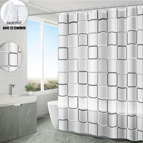 Rideau de Douche,Rideau de Douche Imperméable Anti-moisissure avec 12 Crochets,Rideau de Douche avec Motif à Carreaux 180x180cm (1/4)