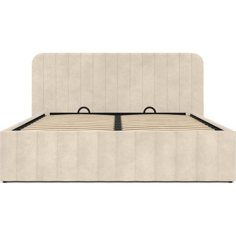 Idmarket – Lit coffre double 140 x 190 cm – Tête de lit capitonnée velours beige – Sommier métal 24 lattes – Grand coffre de rangement — vue 3