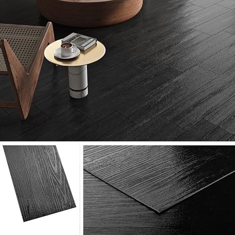 PVC Adhesive Floor Tiles Wood Effect Black 90 x 15 cm Lino Floor Adhesive Bathroom Bedroom Parquet Floor Adhesive Wood Floors Black Living Room Kitchen Floor Covering Adhesive for Interior, 18 Pieces (1/5)