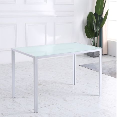 MEUBLIV Table à manger 120 x 60 x 75 cm blanche en verre trempé et métal pour 4 personnes (1/5)
