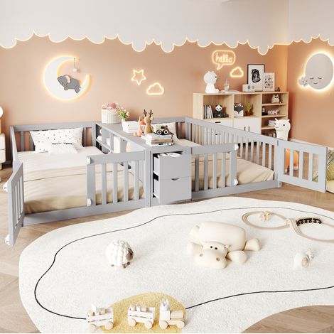 Cama infantil multifuncional (219.6x204x33.5 cm), para dos camas separadas, con estantería central y cajones, madera, gris (1/5)