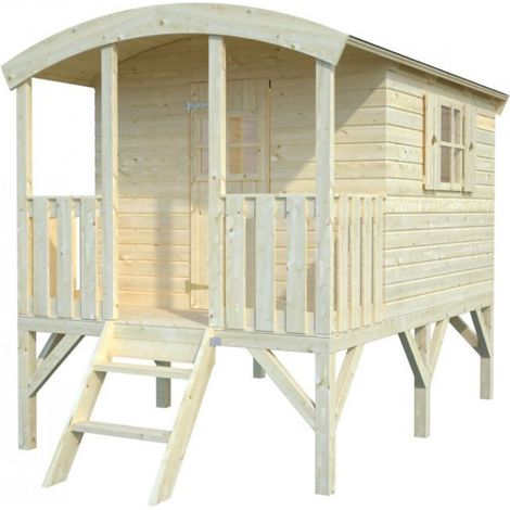 Cabane de jardin pour enfant en épicéa nordique 3,3 m² – Hauteur 225 cm – Panneaux préfabriqués 16 mm – Terrasse intégrée avec accès escalier – Der Holzwurm (1/2)