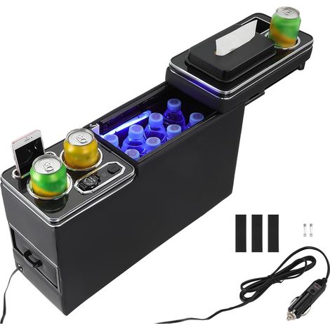 Console centrale avec station de recharge USB et porte-gobelet pour VW T4 T5 T6 T6.1 T7 Éclairage d'ambiance 7 couleurs, similicuir noir avec finitions chromées, allume-cigare, porte-mouchoirs pratiq (1/5)