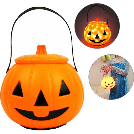 Panier Citrouille Halloween LED avec Poignée, Son et Lumières pour Bonbons, Décoration de Fête