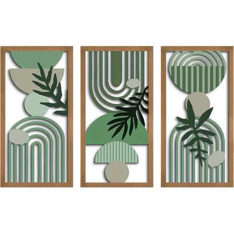 Ensemble de 3 sculptures murales en bois, décoration murale bohème chic à motifs géométriques, art mural géométrique moderne pour salon, chambre, couloir, bureau (1/5)