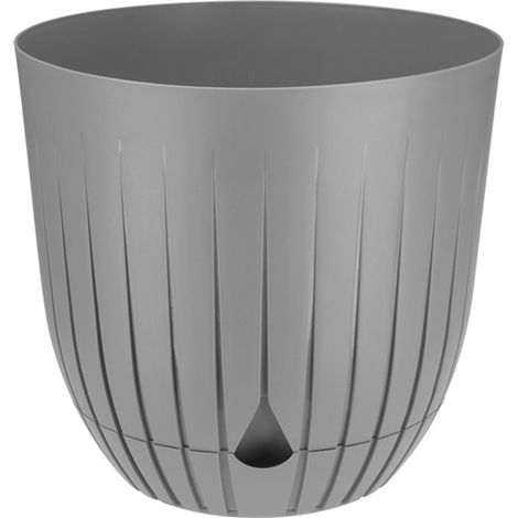 Vaso da fiori in plastica BRITTA con sottovaso, misura 3, diametro 21 cm, motivo scanalato e rigato, plastica, grigio chiaro, opaco (1/3)