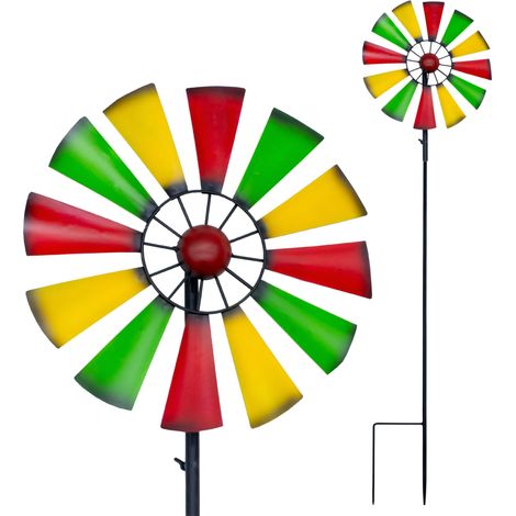 Buntes Metall Windrad mit Erdspieß - 126 cm x 33 cm - Gartenstecker Windspiel für Terrasse und Garten