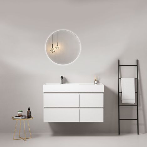 Mobile bagno sospeso 100 cm Bianco Lavabo a Sinistra in Resina Specchio Tondo Retroilluminato - Fiji Wood