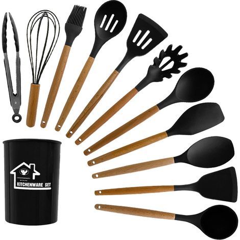 Ustensiles de Cuisine en Silicone, 12 PCS Accessoire Cuisine Set sans BPA, Kit d'Ustensiles de Bois, Antiadhésive Set avec Pot de Rangement, Noir (1/5)