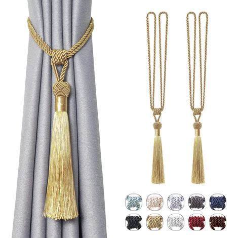 Lot de 2 embrasses de rideaux longues à pompons, faites à la main en corde tressée avec nœuds style européen, décoration fenêtre maison (doré) (1/5)