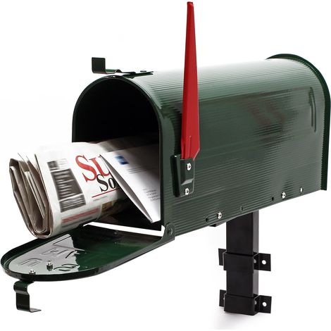 Wiltec Set US Mailbox grün 180 x 220 x 480 mm, amerikanischer Briefkasten mit Fahne, Standbriefkasten Stahl amerikanisches Design mit passender Wandhalterung