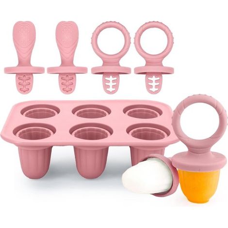 Moules à sucettes glacées en silicone, lot de 6 avec bâtonnets en plastique, réutilisables, pour jeunes enfants, rose (1/5)