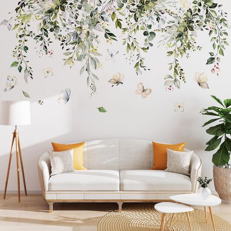 Stickers Muraux Plantes, Autocollant Mural Feuilles Vertes Papillons Fleurs, Stickers Mural Pendaison Vigne Auto-adhésif Décoration Murale pour Chambre Salon Bureau (1/5)