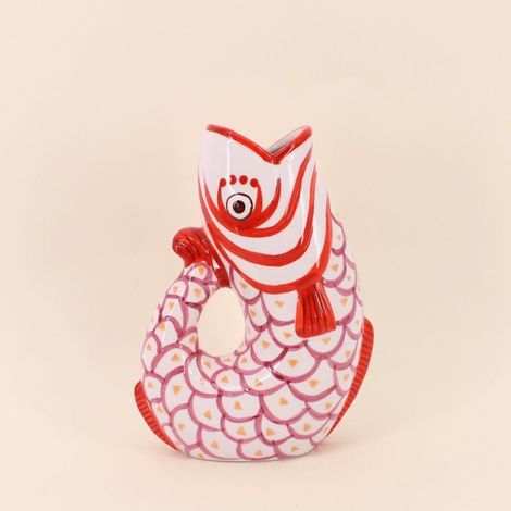 Vase forme poisson en dolomite rouge et blanc, H25cm