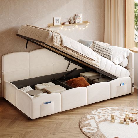 Lit coffre 90x190 cm avec rangement hydraulique et ports USB et Type-C, en velours, beige, sans matelas (1/5)