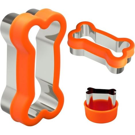 Set di 3 formine per biscotti a forma di osso di cane: grande da 3,7 cm, piccola da 7,5 cm, mini da 3,9 cm, in acciaio inossidabile, con coperchio in plastica.