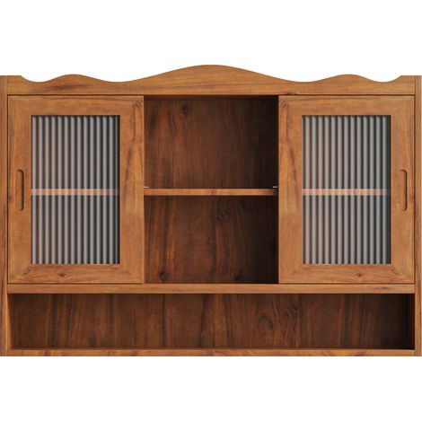 Armoire murale 90 cm à 2 portes coulissantes avec 3 niveaux de rangement, bois marron (1/5)