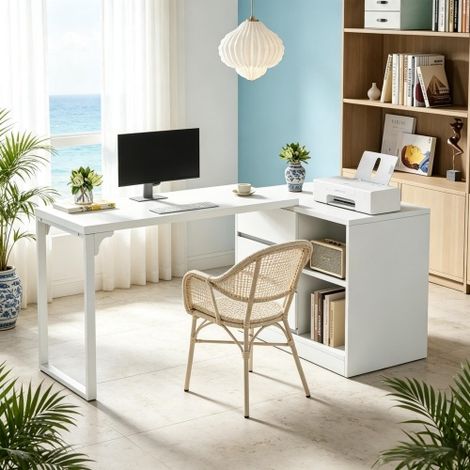 Coiffeuse de luxe aux lignes modernes, coiffeuse d'angle, bureau en L avec tiroirs et étagères ouvertes, bureau d'ordinateur, bureau d'angle (uniquement avec le bureau d'ordinateur) (1/5)