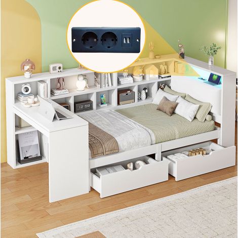 Cama juvenil 90/200 cm blanca de MDF y madera contrachapada con escritorio, estantería y LED (1/5)