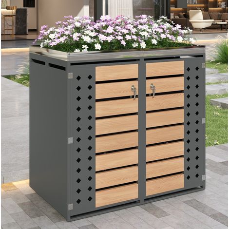 Cache-poubelles 132x80x124,5 cm acier galvanisé gris avec bac à plantes pour jardin – MEUBLIV (1/5)