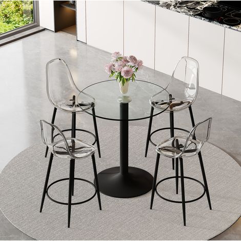 Set bar in vetro e metallo nero 4 posti, design trasparente con sgabelli alti e poggiapiedi (1/5)