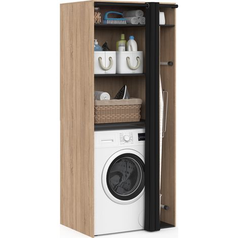 Meuble de buanderie machine à laver avec rideau coulissant emplacement table à repasser WALLIS bois façon hêtre et noir (1/5)