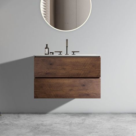 Tocador de baño mural de 30 pulgadas en color nogal con lavabo de cerámica (3 agujeros), gran almacenamiento flotante para baño moderno, lavabo de una pieza (sin desagüe), preensamblado (1/5)