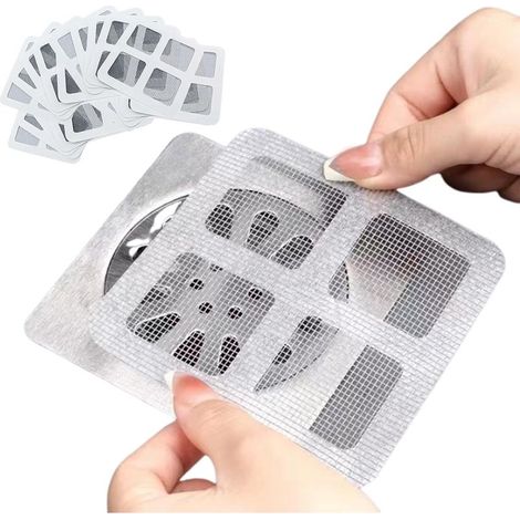 Packung mit 10 Einweg-Haarablaufaufklebern, 4" x 4" für Duschbodenabläufe, Einweg-Siebfilter für Badezimmer. (1/4)