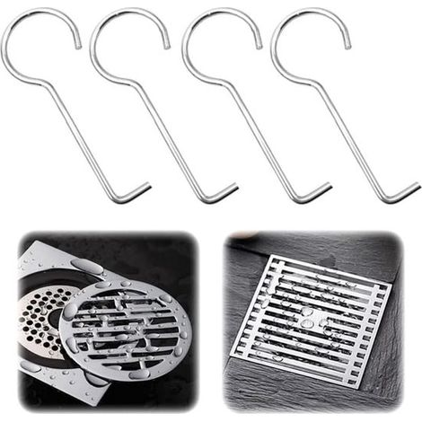 4 ganchos para rejilla de desagüe - Escobilla de goma de acero inoxidable para desagüe de ducha y recogedor de pelo para una limpieza fácil (1/5)