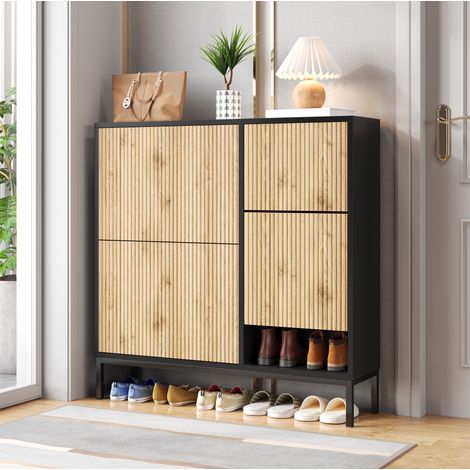 Scarpiera nera e legno con fasciatoio, ripiano per scarpe con tre ante ribaltabili, per corridoio, camera da letto (1/5)