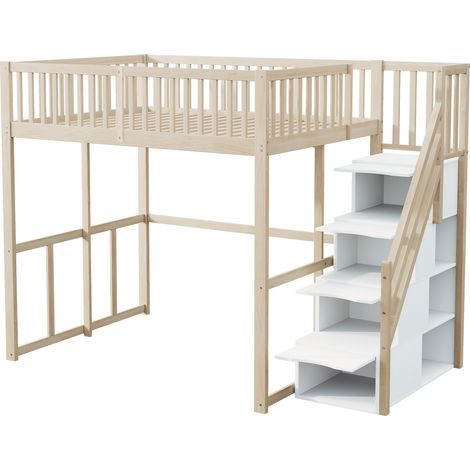 Letto a soppalco 140 x 200 cm in pino con scala contenitore e barriera sicurezza (1/5)
