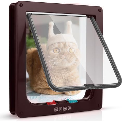 Clapet de Porte pour Chat (Dimensions extérieures 19 x 20 x 5,5 cm), 4 Positions verrouillables pour Portes intérieures et extérieures, résistant aux intempéries, pour Chats/Chiens, Marron (1/5)