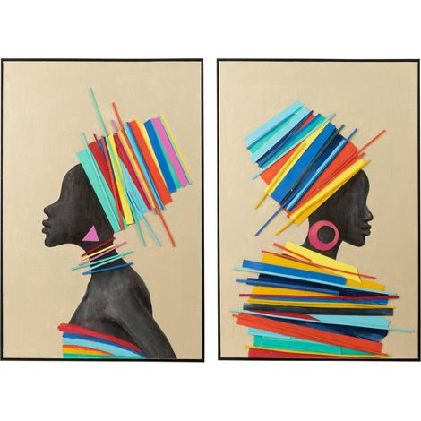Tableau femme africaine en toile colorée - multicolore sur fond beige (1/5)