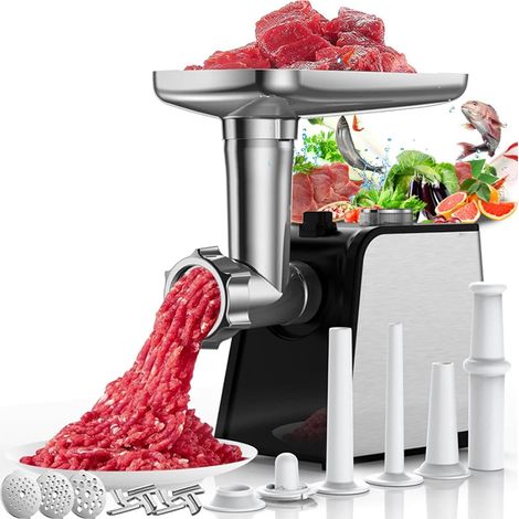 Picadora de carne eléctrica con embutidora de salchichas, 3 en 1 de acero inoxidable, picadora de carne eléctrica y embutidora con 3 tubos embutidores de salchichas, 2 moldes de carne, 2 (1/5)