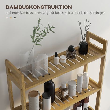 Étagère de toilette 3 niveaux, meuble de salle de bain en bambou naturel avec protection anti-bascule, rangement gain de place pour salle d'eau (1/5)