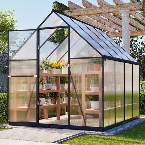 BIRCHTREE 6X8FT Polycarbonate Greenhouse Walk-In Green House Aluminium Frame (1/5)