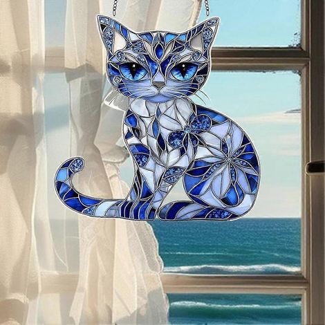 Décoration de Noël attrape-soleil en forme de chat (20 cm), couple de chats en acrylique avec fleurs, à suspendre à la fenêtre (1/5)