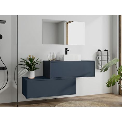 Meuble de salle de bain suspendu bleu nuit avec simple vasque carrée et deux tiroirs - 94 cm - TEANA II (1/4)