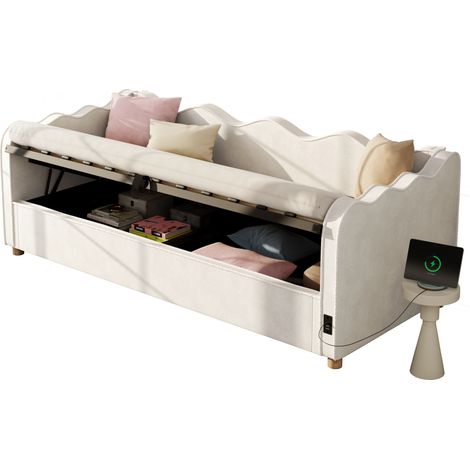 Lit banquette 90x200 cm, avec rangement hydraulique, en velours, beige (1/5)