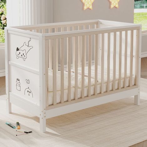 Lit bébé avec panneaux à peindre, réglable en hauteur sur 3 positions, berceau cododo, 120x60x90cm, pin, naturel+laque blanche (1/5)