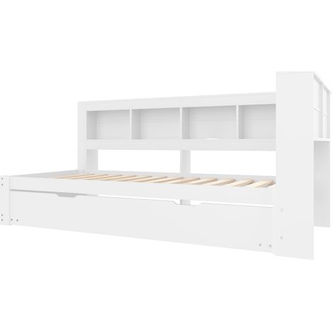 Letto banquette 90 x 200 cm con letto estraibile, prese e 2 porte USB, rete a doghe, bianco (1/5)
