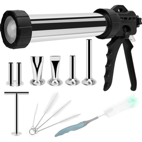 Pistolet à bœuf séché, 1LB en acier inoxydable avec 5 buses de formes différentes et un ensemble de brosses de nettoyage, machine à saucisses manuelle pour aliments plats ou ronds. (1/5)
