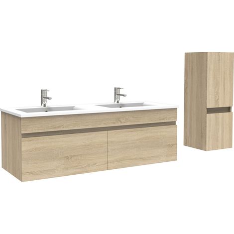 Aica Ensemble de meuble Salle de Bain 120cm Chêne avec colonne et vasque ceramique