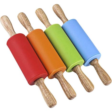 Mini rouleau à pâtisserie, rouleau à pâtisserie pour enfants avec manche en bois, rouleaux à pâtisserie en silicone pour la cuisine à domicile, lot de 4 (rouge, vert, orange, bleu) (1/3)