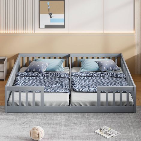 Lit enfant 90 x 200cm gris en pin massif avec barrières de sécurité, sans sommier, style minimaliste (1/5)