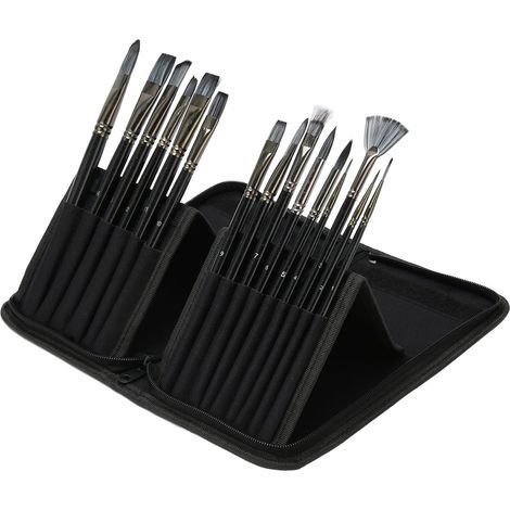 Ensemble de 18 pinceaux à Peinture, pinceaux à Peinture Acrylique, Poils en Nylon, Manche en Bois, virole en métal, pinceaux d'artiste largement utilisés pour Le Dessin (Poignée Noire) (1/5)