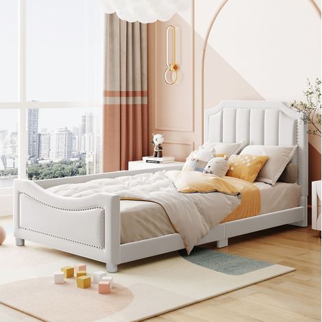 Lit enfant capitonné arc 90x200 cm beige, bois, avec tête de lit et accoudoirs, sommier 12 lattes (1/5)